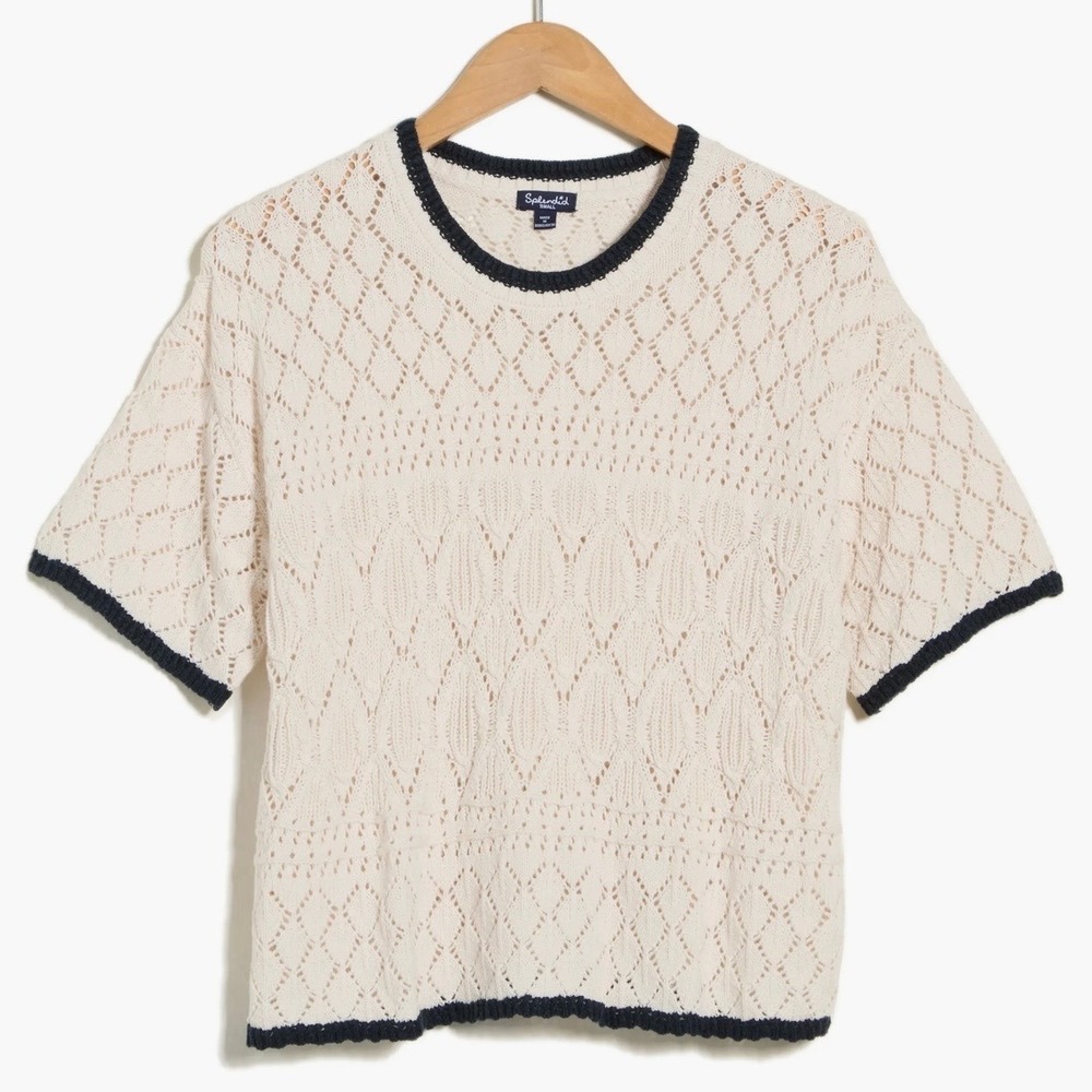 Splendid Honore Tipped Cotton Sweater Women M Cream Navy Pointelle Knit New - Picture 5 of 8